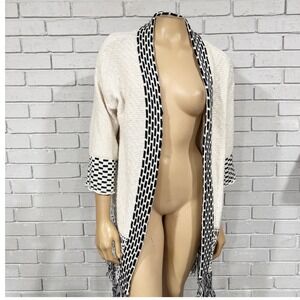 Atmosphere Women's Black White Geometric Fringe Open Front Cardigan Sweater